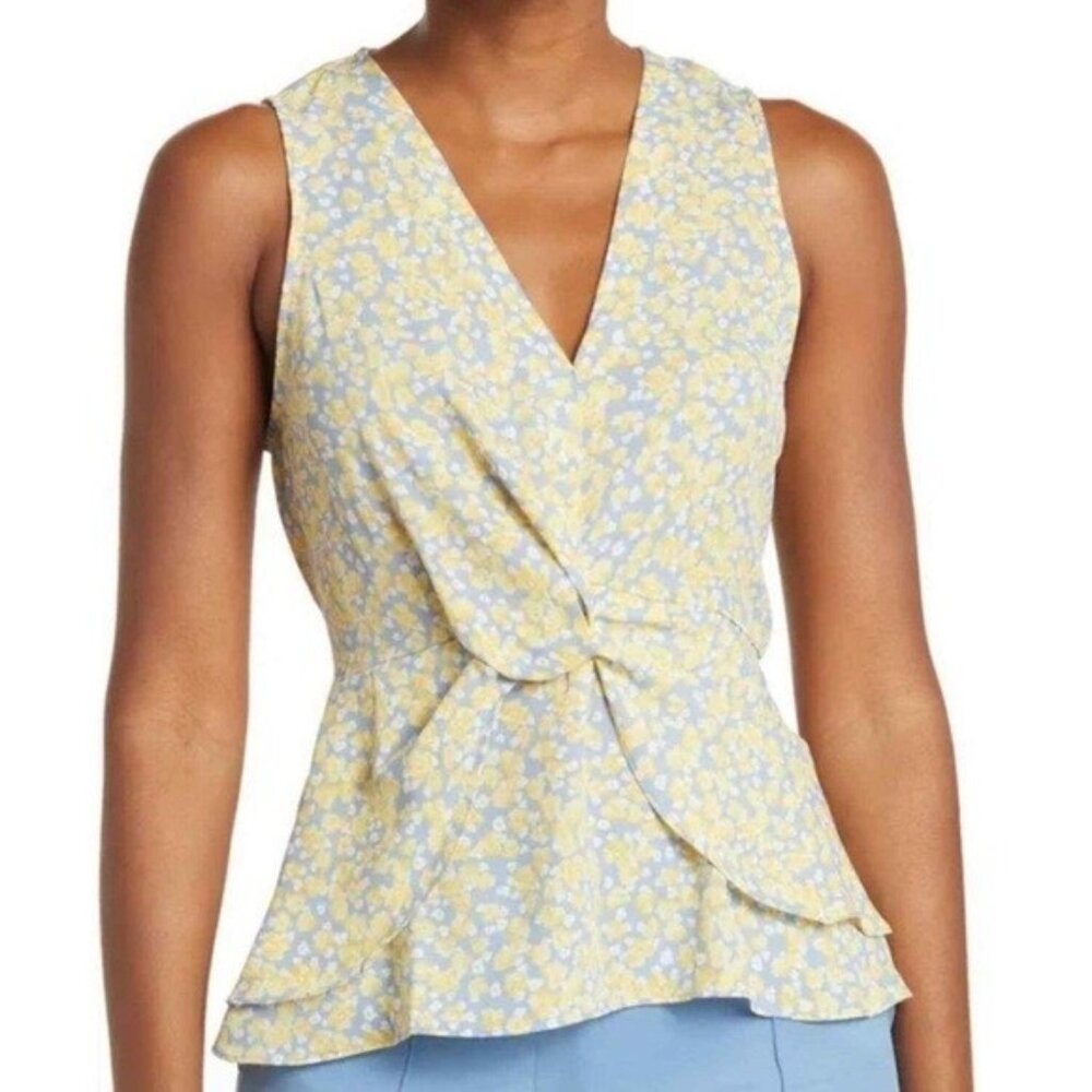 Pleione Floral Twist Front V-Neck Blouse Sleeveless Top Blue & Yellow Size XL